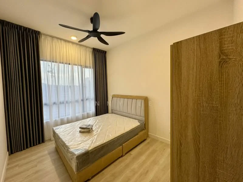Bedroom features: queen-size bed, upholstered headboard, wooden bed frame, 5-blade ceiling fan with light, floor-to-ceiling window, sheer curtains, dark curtains, light wood flooring, wooden wardrobe; style: modern.