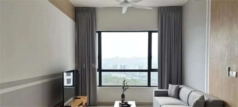 Living features: grey fabric sofa, wooden coffee table, floor-to-ceiling windows, curtains in light grey, 5-blade ceiling fan, wall-mounted TV, decorative plant in ceramic pot, light wood accent wall, white painted walls, light grey area rug; style: modern; view: city.