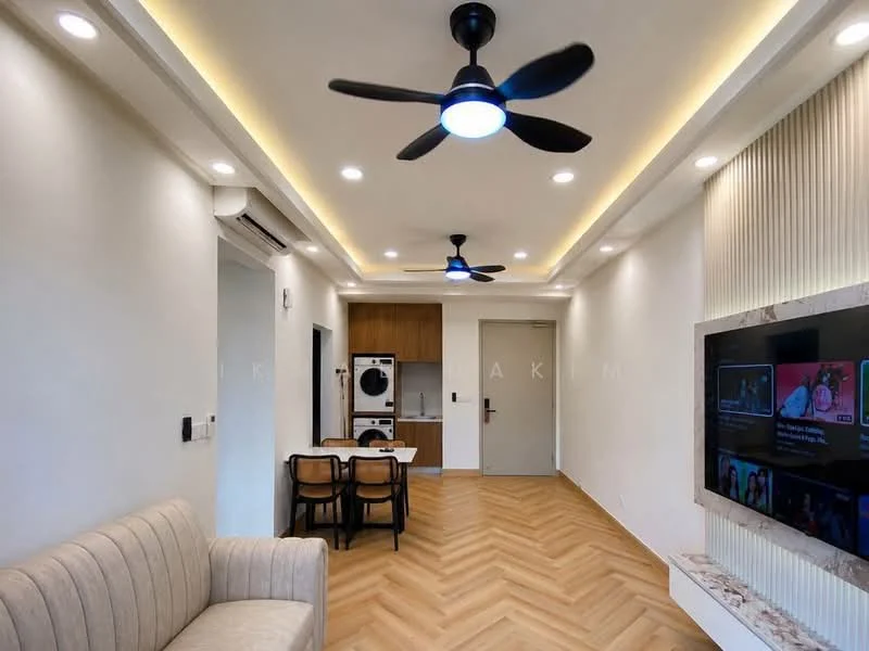 Living features: 5-blade ceiling fan with integrated LED light, recessed downlights, wall-mounted TV, entertainment unit, sofa in light color, wooden flooring, cream painted walls, decorative wall paneling, open layout to dining area; style: modern. Dining features: 4-seater dining table, wooden dining chairs, open layout to living area, kitchen appliances visible in background; style: modern.
