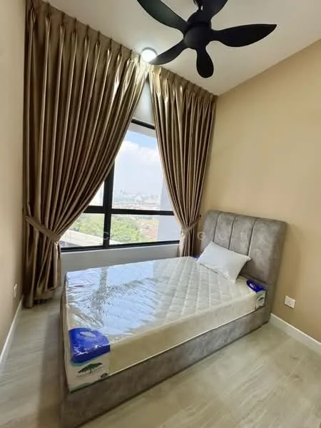 Bedroom features: queen-size bed, upholstered headboard, floor-to-ceiling window, sheer curtains, 5-blade ceiling fan, light-colored walls, laminate flooring, decorative wall, city view; style: modern; view: city.