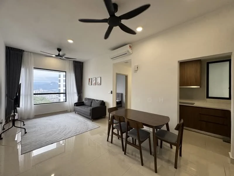 Living features: 2-seater fabric sofa in grey, area rug with geometric pattern, wall-mounted TV, coffee table, 5-blade ceiling fan, floor-to-ceiling windows, sheer curtains, marble tile flooring, recessed downlights; style: modern; view: city. Kitchen features: white shaker cabinets, quartz countertop, built-in oven, freestanding range oven, stainless-steel sink, chrome pull-down faucet, window with black frame; style: modern.