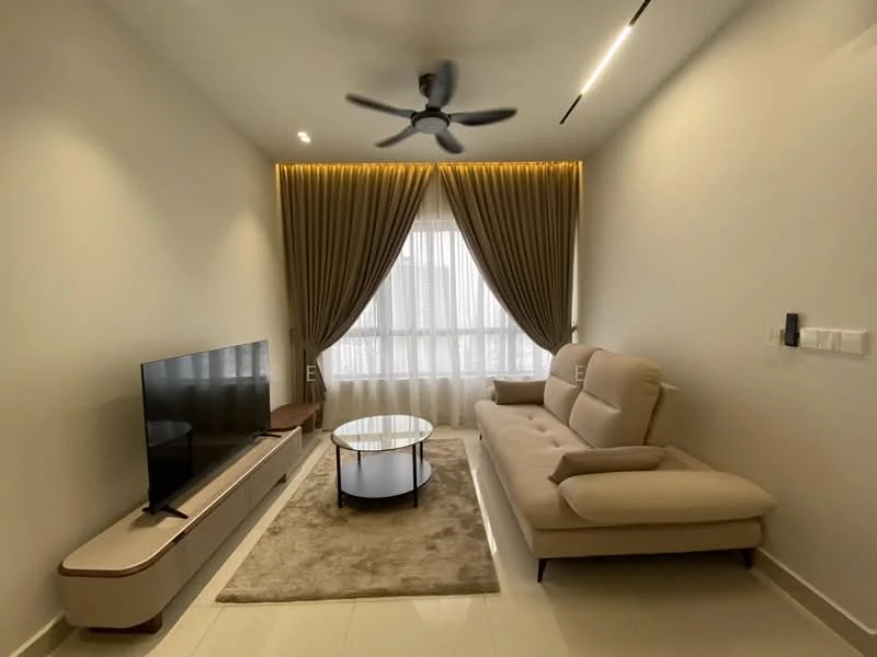 Living features: 3-seater fabric sofa in beige, coffee table, wall-mounted TV, TV console in light wood, area rug in neutral color, floor-to-ceiling windows, sheer curtains, recessed downlights, ceiling fan with light, light-colored walls, tile flooring; style: modern.