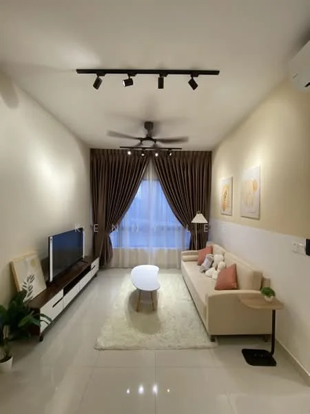 Living features: 3-seater fabric sofa in beige, coffee table, TV console, wall-mounted TV, area rug, floor-to-ceiling windows with sheer curtains, 5-blade ceiling fan with light, recessed downlights, decorative wall art, cream painted walls, glossy tile flooring; style: modern.
