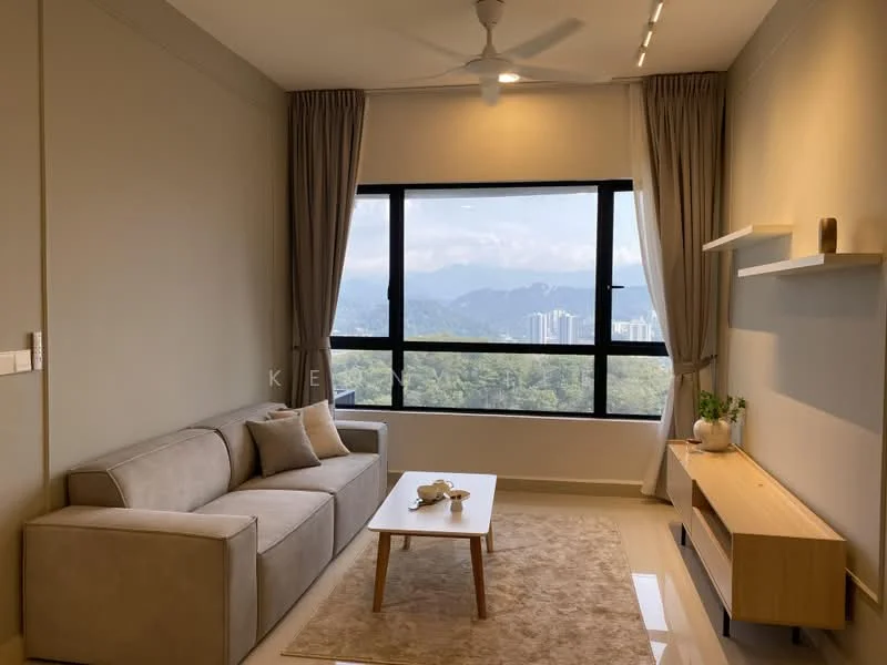 Living features: 3-seater fabric sofa in beige, coffee table, area rug with geometric pattern, floor-to-ceiling windows, curtains in light beige, ceiling fan, wall-mounted shelf, decorative plant, mountain view; style: modern; view: mountain.