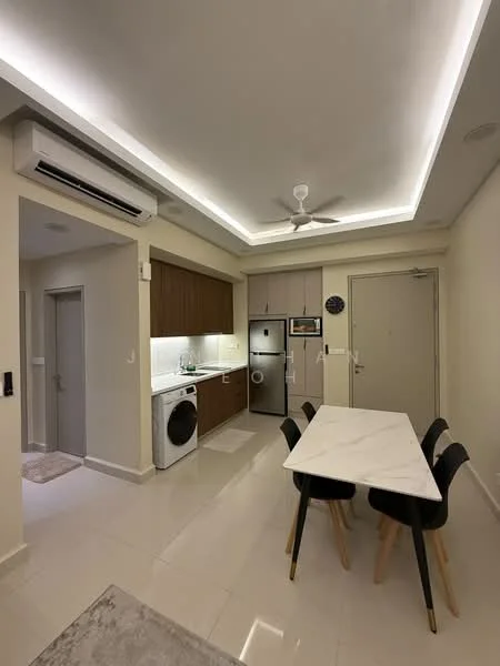 Dining features: marble dining table, 4 black dining chairs, recessed LED downlights, white walls, white ceiling with cove lighting, wall-mounted air conditioning unit, built-in cabinetry with wood finish, stainless-steel fridge, front-load washing machine, kitchenette with countertop, door leading to hallway; style: modern.