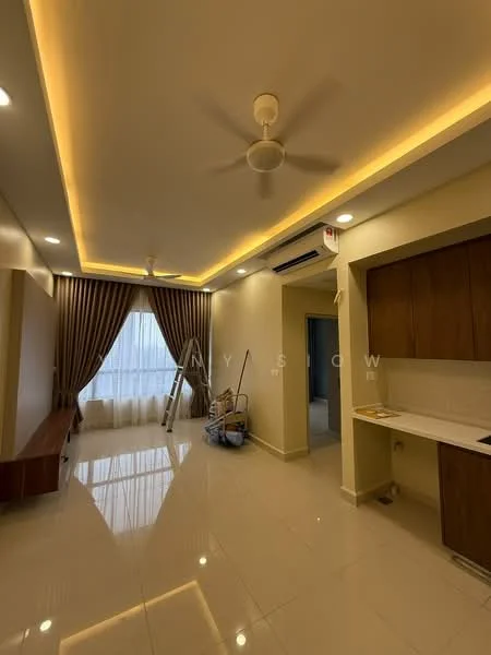 Room features: recessed ceiling with LED strip lighting, cream painted walls, glossy tile flooring, floor-to-ceiling windows with sheer curtains, ceiling fan, wooden cabinetry, open kitchen layout, kitchen countertop, decorative wall paneling, furniture items in the room; style: modern.