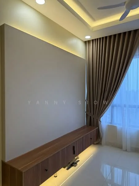 Living features: white painted walls, recessed ceiling with LED lighting, cream curtains, floor-to-ceiling windows, glossy tile flooring, wooden TV console, wall-mounted TV, ceiling fan; style: modern; view: city.