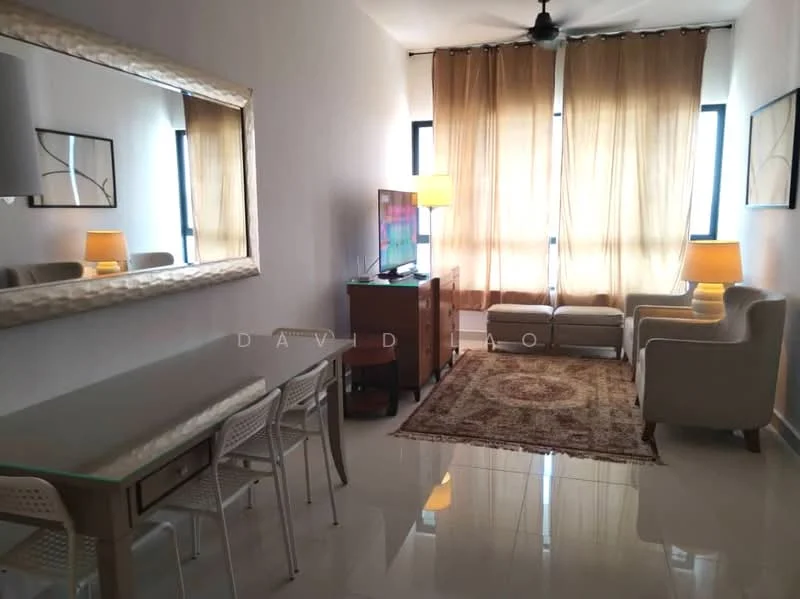 Living features: cream painted walls, glossy tile flooring, 5-blade ceiling fan, floor-to-ceiling windows, sheer curtains, TV console, wall-mounted TV, 2-seater fabric sofa in light grey, armchair in light grey, coffee table, area rug with intricate pattern, decorative mirror; style: modern.