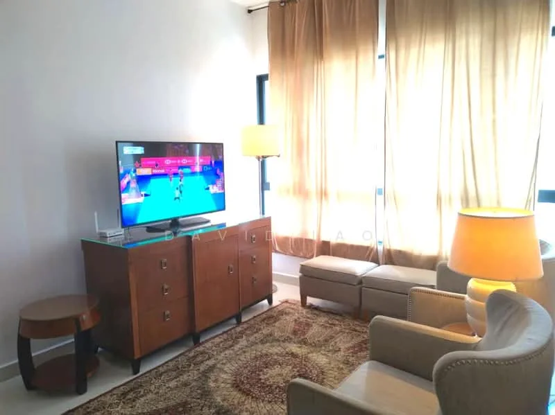 Living features: beige fabric sofa, wooden coffee table, TV console with drawers, wall-mounted TV, area rug with intricate pattern, floor lamp, large windows with sheer curtains, light-colored walls, recessed lighting; style: modern.