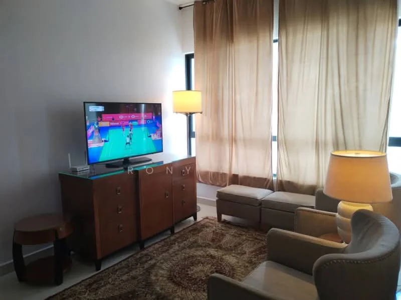 Living features: light brown fabric sofa, wooden coffee table, TV console with drawers, flat-screen TV, area rug with intricate pattern, floor lamp, table lamp, curtains in light brown, large windows, neutral wall color, white ceiling; style: modern.