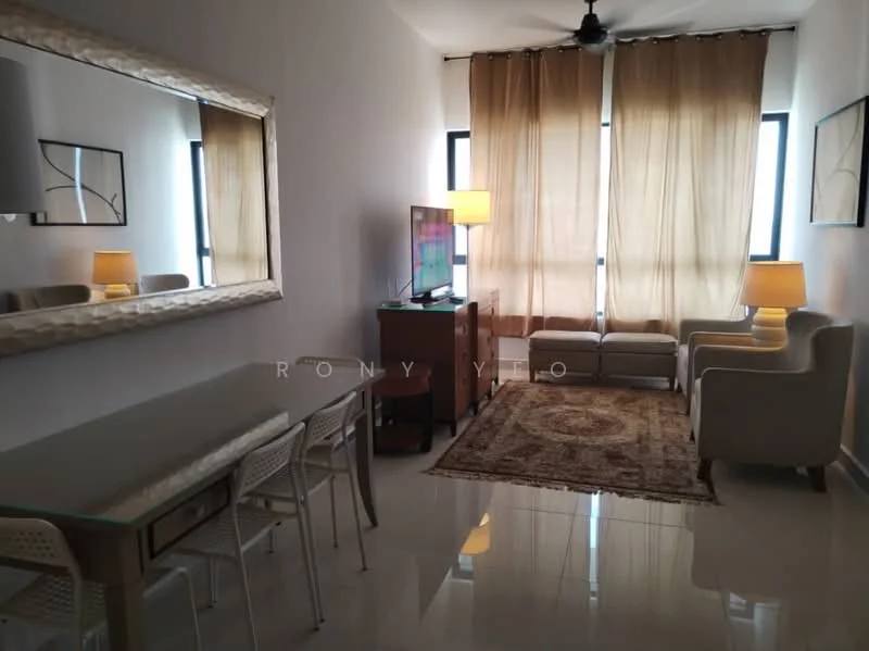 Living features: cream painted walls, glossy tile flooring, 5-blade ceiling fan, large mirror, wall-mounted TV, wooden TV console, 2-seater fabric sofa in light grey, armchair in light grey, area rug with intricate pattern, floor lamp, dining table with glass top, 4 dining chairs; style: modern.