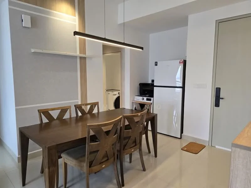 Dining features: wooden dining table, 4 dining chairs, pendant light fixture, grey accent wall, white walls, floor-to-ceiling mirror, refrigerator, microwave, washing machine, light-colored tiled flooring; style: modern.