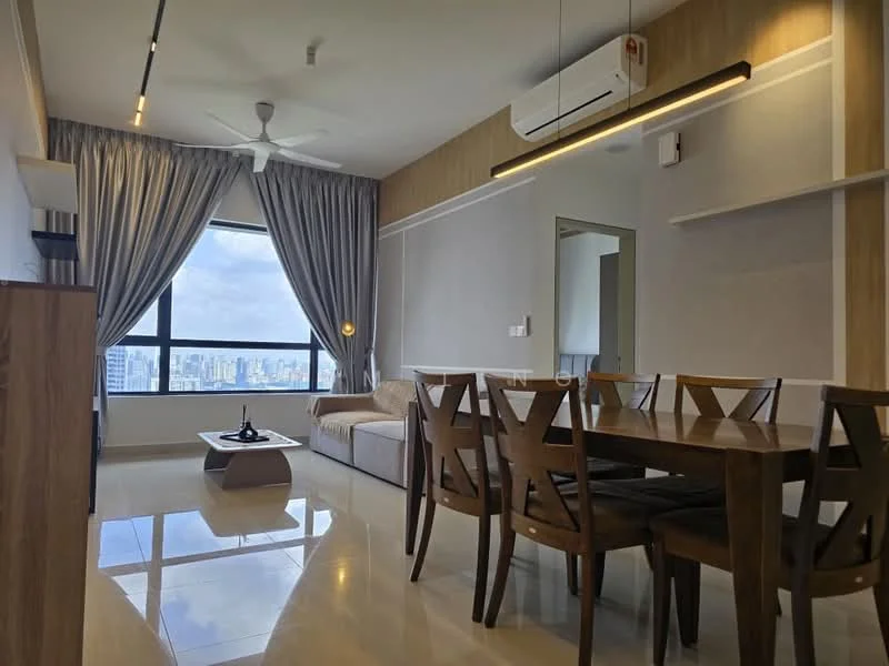 Living features: 3-seater fabric sofa in light beige, coffee table with dark wood finish, dining table with 6 wooden chairs, floor-to-ceiling windows, curtains in light grey, ceiling fan, recessed LED downlights, wall-mounted air conditioning unit, light wood paneling on walls, polished tile flooring; style: modern; view: city.