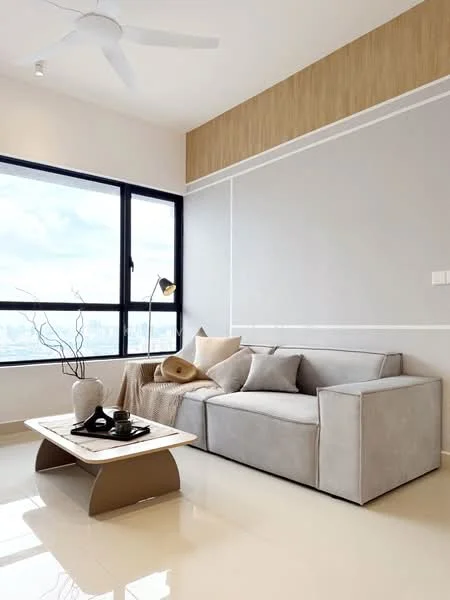 Living features: 3-seater fabric sofa in light grey, coffee table with curved base, floor lamp with adjustable arm, decorative throw pillows, decorative vase on coffee table, light-colored walls, wood accent wall, large floor-to-ceiling windows, ceiling fan, glossy tile flooring; style: modern; view: city.