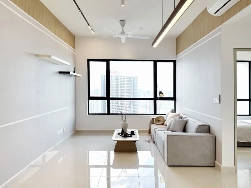 Living features: light grey fabric sofa, coffee table, floor-to-ceiling windows, white painted walls, cream accent wall, recessed downlights, 5-blade ceiling fan, marble flooring, decorative items on table, view of city skyline; style: modern; view: city.