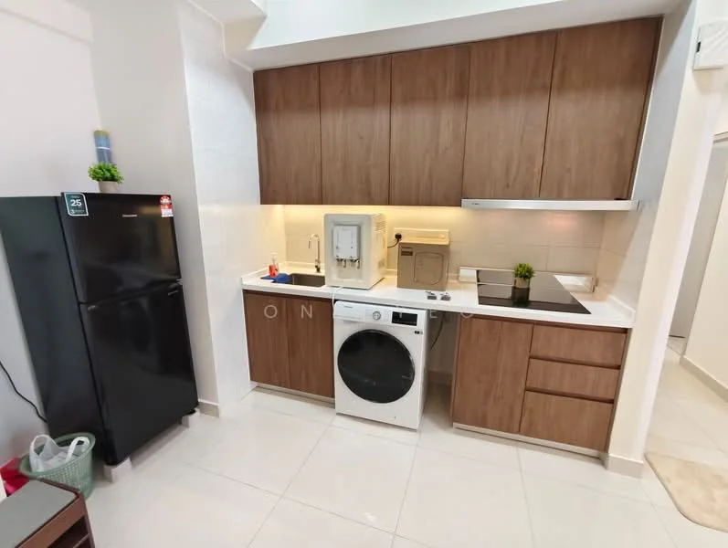 Kitchen features: brown wooden cabinetry, white countertop, black built-in stove, stainless-steel sink, chrome pull-down faucet, white washing machine, black refrigerator, tile backsplash, recessed lighting, light-colored tile flooring; style: modern.