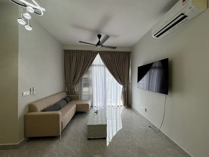 Living features: 3-seater fabric sofa in beige, grey throw pillows, coffee table with glass top, floor-to-ceiling windows, sheer curtains, 5-blade ceiling fan with light, wall-mounted TV, polished marble flooring, recessed downlights, air conditioning unit; style: modern; view: city.