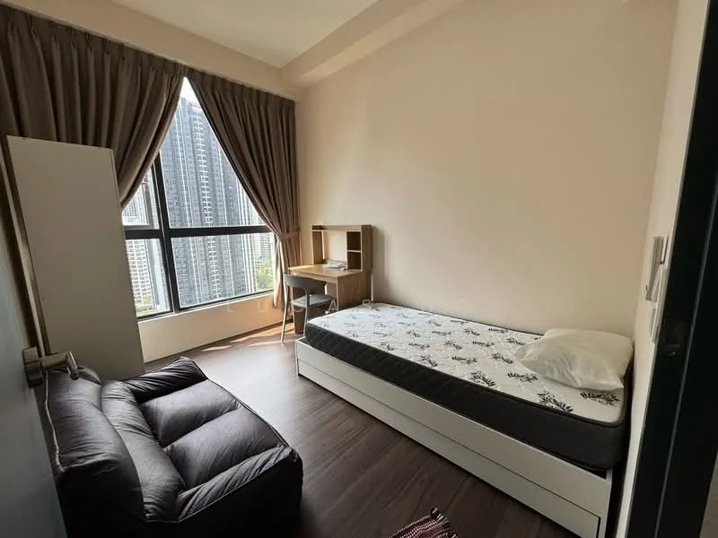 Bedroom features: single bed with mattress, upholstered headboard, wooden study desk, chair, black fabric sofa, floor-to-ceiling window, curtains, laminate flooring, light-colored painted walls, built-in wardrobe; style: modern; view: city.
