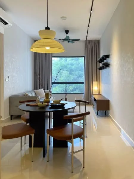 Dining features: round dining table, 4 wooden dining chairs, pendant lamp, floor-to-ceiling window, curtains, light-colored walls, polished tile flooring, decorative wall shelf, sideboard, sofa in background; style: modern; view: garden.