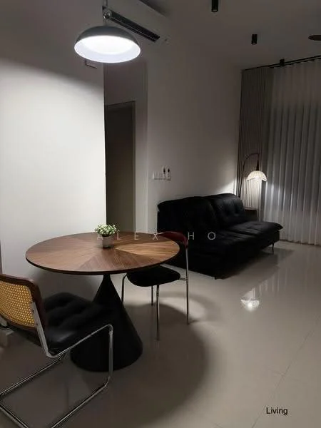 Living features: black leather sofa, round wooden dining table, black dining chairs, white painted walls, glossy tile flooring, recessed ceiling lights, floor lamp, wall-mounted air conditioning unit, curtains, decorative plant on table; style: modern.