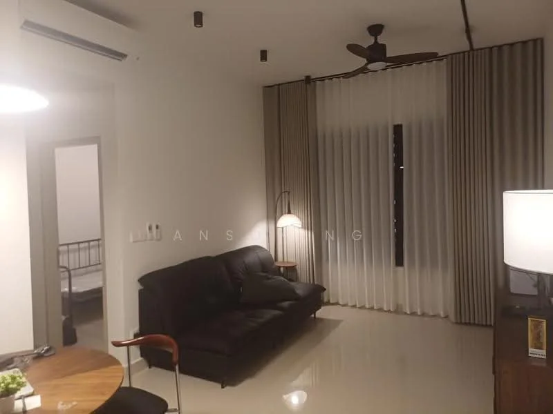 Living features: black leather sofa, round wooden dining table, floor-to-ceiling windows, sheer curtains, 5-blade ceiling fan, recessed downlights, polished tile flooring, wall-mounted TV, decorative lamp, wooden TV console; style: modern. Room features: bed frame, white walls, cream curtains.