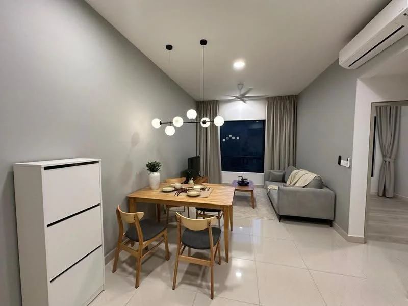 Dining features: dining table with four chairs, pendant light fixture with multiple bulbs, grey painted walls, white ceramic tile flooring, wall-mounted TV, sofa in light grey fabric, floor-to-ceiling windows with sheer curtains, ceiling fan, decorative plant on table, sideboard with three drawers; style: modern; view: city.