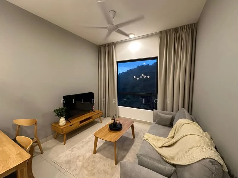 Living features: grey fabric sofa, wooden coffee table, wooden TV console, wall-mounted TV, 5-blade ceiling fan, large window with view, sheer curtains, area rug, decorative throw blanket, decorative items on coffee table; style: modern; view: mountain.