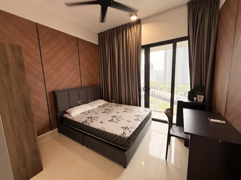Bedroom features: queen-size bed with upholstered headboard, white bedding with floral pattern, floor-to-ceiling windows, grey curtains, wooden wardrobe with sliding doors, study desk, chair, light-colored tile flooring, ceiling fan, decorative wall paneling; style: modern; view: city.