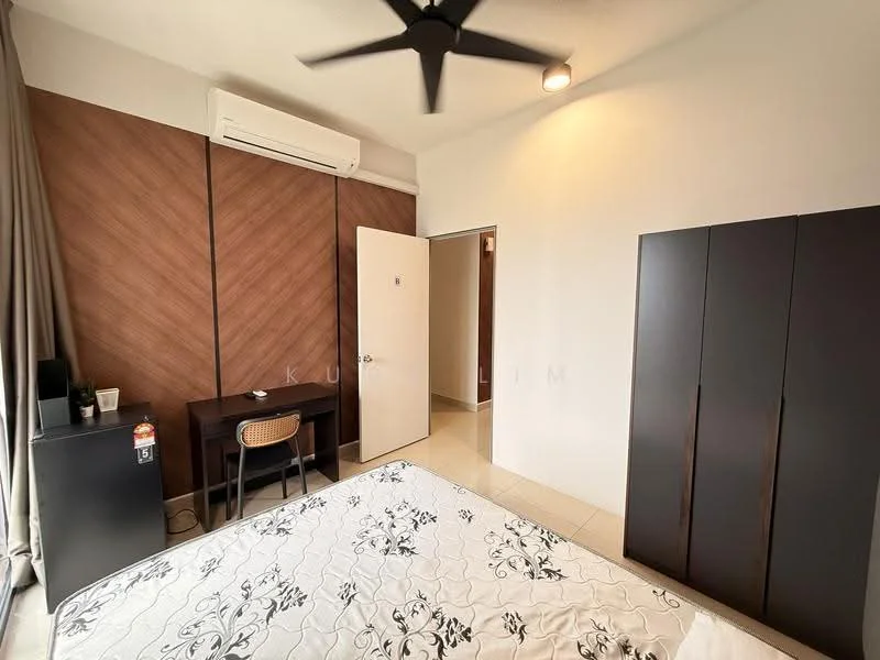 Bedroom features: queen-size bed with patterned bedding, wood accent wall, light-colored walls, floor-to-ceiling window with curtains, ceiling fan, built-in wardrobe with sliding doors, desk with chair, air conditioning unit, tile flooring; style: modern.