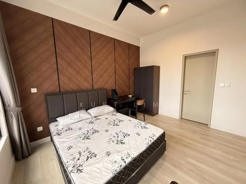 Bedroom features: queen-size bed with upholstered headboard, bedding with floral pattern, wooden flooring, wood panel accent wall, floor-to-ceiling window with sheer curtains, ceiling fan, study desk, chair, built-in wardrobe, neutral wall color, recessed ceiling light; style: modern.