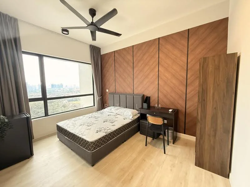 Bedroom features: queen-size bed, upholstered headboard, wooden bedside table, desk with chair, floor-to-ceiling window, curtains, wood panel accent wall, light-colored laminate flooring, ceiling fan; style: modern; view: city.