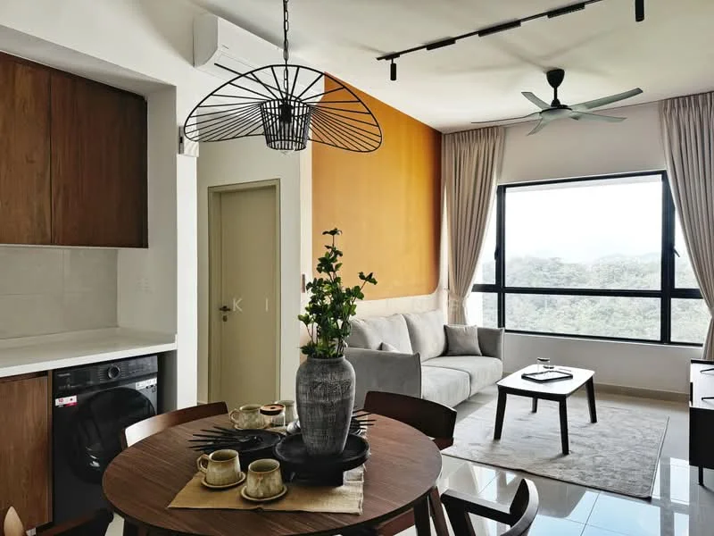 Living features: 3-seater fabric sofa in light grey, round dining table with 4 chairs, pendant light fixture, ceiling fan with light, floor-to-ceiling windows, curtains, decorative vase with plants, coffee table, area rug, wall-mounted air conditioning unit, wooden cabinetry, white walls with accent orange wall; style: modern; view: mountain. Kitchen features: white cabinetry, stainless-steel washing machine, countertop with sink, tile backsplash; style: modern.