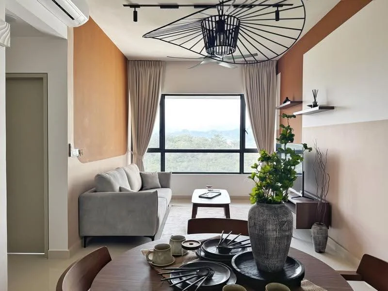 Living features: grey fabric sofa, round dining table, wooden dining chairs, decorative vase with greenery, wall-mounted TV, suspended ceiling fan with unique design, floor-to-ceiling windows, curtains, light-colored flooring, accent wall in terracotta, shelf with decorative items; style: modern; view: mountain.