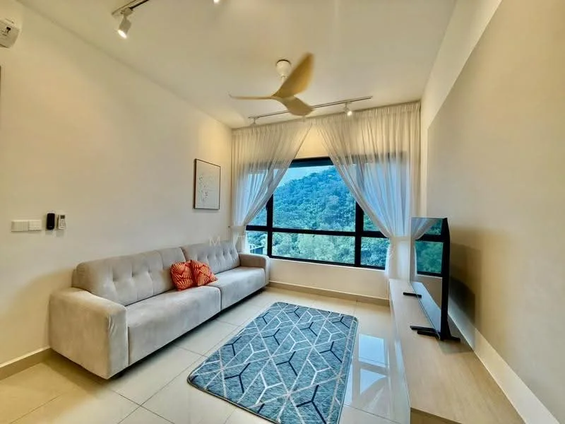 Living features: 3-seater fabric sofa in light grey, decorative orange cushion, area rug with geometric pattern, wall-mounted TV console, floor-to-ceiling windows, sheer curtains, 5-blade ceiling fan with light, glossy tile flooring, neutral painted walls, mountain view; style: modern; view: mountain.