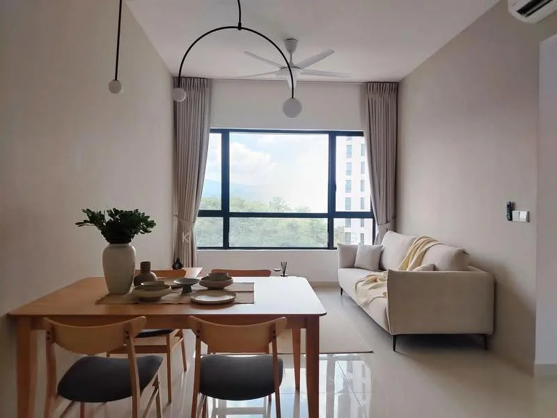 Living features: floor-to-ceiling windows, 3-blade ceiling fan, sofa in light beige, wooden dining table, 4 wooden dining chairs, decorative vase on table, light-colored curtains, neutral painted walls, polished tile flooring; style: modern; view: garden.