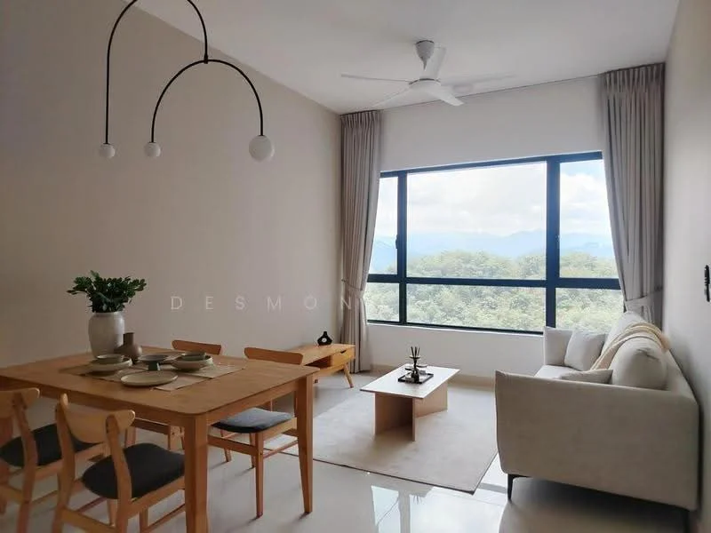 Living features: floor-to-ceiling windows, white painted walls, polished tile flooring, 5-blade ceiling fan with light, sofa in light fabric, wooden coffee table, dining table with 4 wooden chairs, decorative plant on table, curtains in neutral color, mountain view; style: modern; view: mountain.