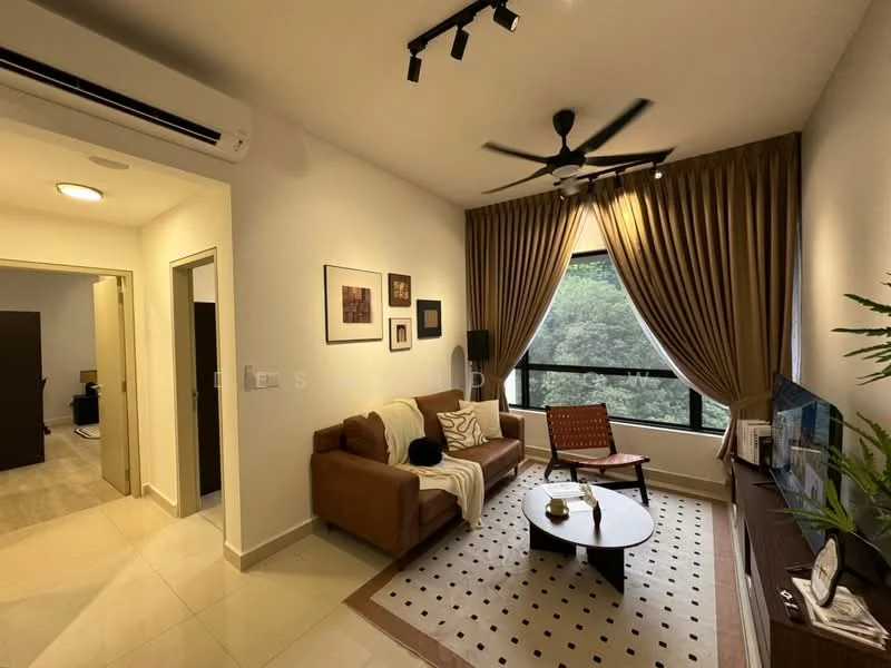 Living features: 3-seater fabric sofa in brown, accent chair in wood, coffee table with round top, TV console with wall-mounted TV, area rug with geometric pattern, floor-to-ceiling windows, sheer curtains, 5-blade ceiling fan with light, recessed downlights, decorative wall art, potted plant, cream painted walls, tile flooring; style: modern; view: garden. Room features: doorway leading to another room, light fixture in hallway.