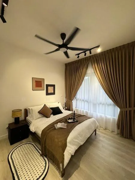 Bedroom features: queen-size bed with white bedding, upholstered headboard, 2 bedside lamps, wooden nightstand, 5-blade ceiling fan with light, floor-to-ceiling windows with sheer curtains, brown throw blanket, decorative wall art, area rug with geometric pattern, wooden flooring; style: modern.