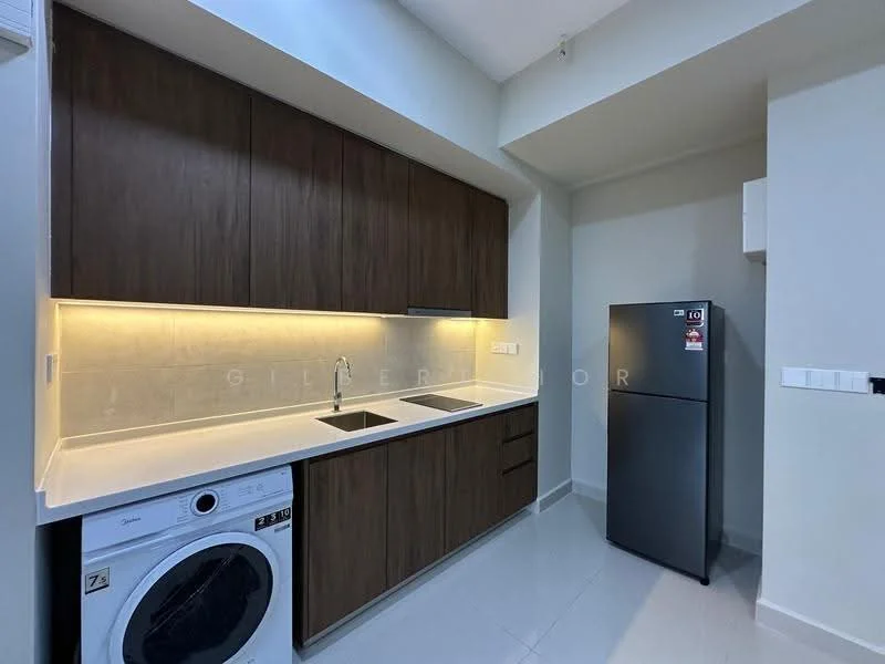 Kitchen features: brown wooden cabinetry, white countertop, single-bowl stainless-steel sink, chrome pull-down faucet, built-in washing machine, stainless-steel fridge, recessed LED downlights, white tiled backsplash, grey tiled flooring; style: modern.