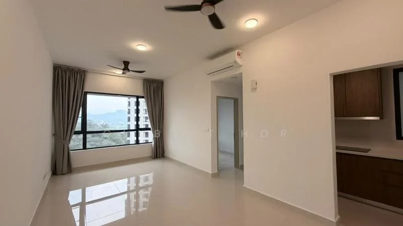 Living features: white painted walls, polished tile flooring, 5-blade ceiling fan with light, floor-to-ceiling windows, curtains, wall-mounted split AC, recessed downlights; style: modern; view: mountain.