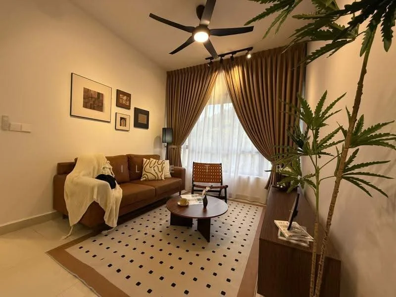 Living features: 3-seater brown leather sofa, white throw blanket on sofa, wooden coffee table, area rug with geometric pattern, floor lamp, wall-mounted artwork, curtains with tiebacks, potted plant, wooden sideboard, ceiling fan with light, white painted walls, tile flooring; style: modern.