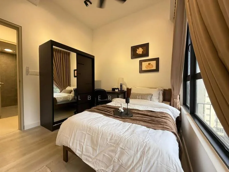 Bedroom features: queen-size bed with white bedding, upholstered headboard, wooden bedside table, table lamp, built-in wardrobe with mirror, floor-to-ceiling window, curtains in beige, light wood flooring, decorative wall art, wall-mounted light fixture, ceiling fan; style: modern; view: city.
