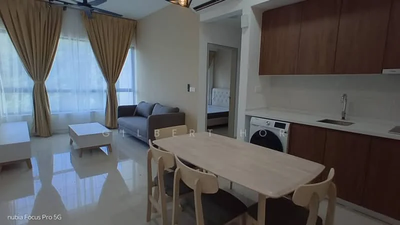 Living features: 3-seater fabric sofa in grey, coffee table, dining table for 4 with wooden chairs, floor-to-ceiling windows with sheer curtains, light-coloured walls, polished tile flooring, ceiling fan with light, built-in cabinetry, washing machine, kitchenette with sink, refrigerator; style: modern.