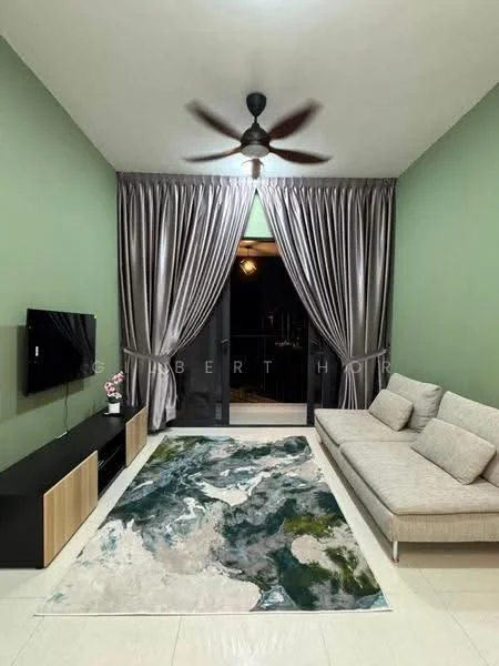 Living features: green painted walls, cream tiled flooring, 5-blade ceiling fan with light, sofa in light beige fabric, TV console in black and wood finish, wall-mounted TV, area rug with abstract pattern, floor-to-ceiling curtains in grey; style: modern.