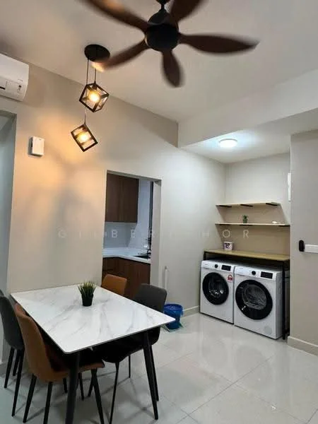 Laundry features: white tiled flooring, light grey painted walls, 5-blade ceiling fan with light, recessed ceiling lights, white washing machine, white dryer, wooden shelving, marble-top dining table, 4 upholstered dining chairs in various colors, open layout to kitchen, air conditioning unit on wall; style: modern.