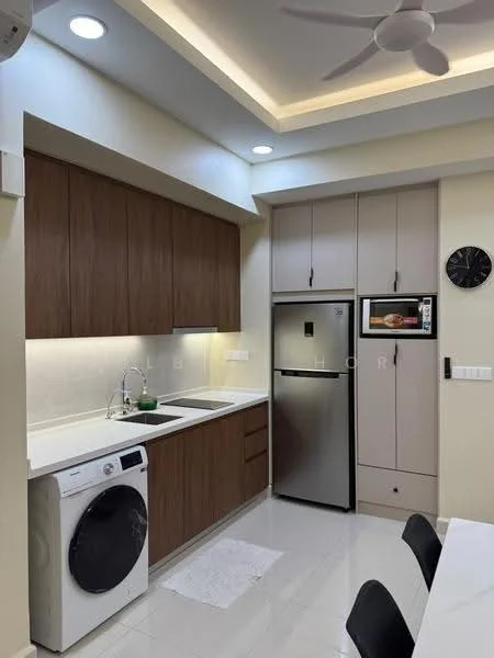 Kitchen features: brown wooden cabinetry, white countertop, single-bowl stainless-steel sink, chrome pull-down faucet, built-in refrigerator, front-load washing machine, recessed LED downlights, ceiling fan, white tiled flooring, wall-mounted clock; style: modern.