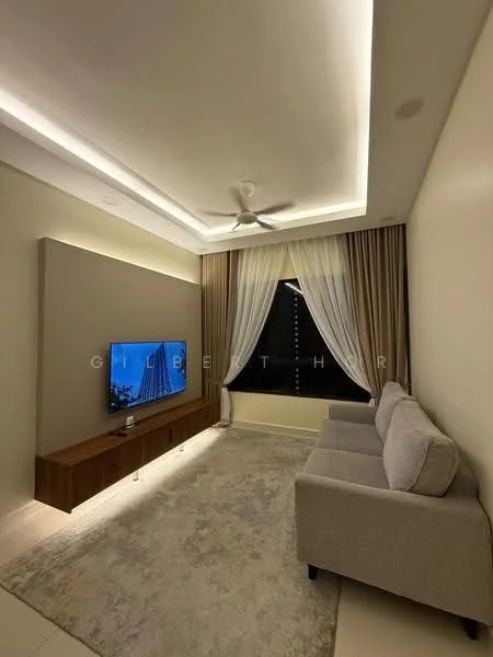 Living features: 3-seater fabric sofa in light grey, wooden TV console, wall-mounted TV, area rug with neutral color, ceiling fan with light, recessed LED downlights, floor-to-ceiling curtains, cream painted walls, tray ceiling with cove lighting; style: modern.