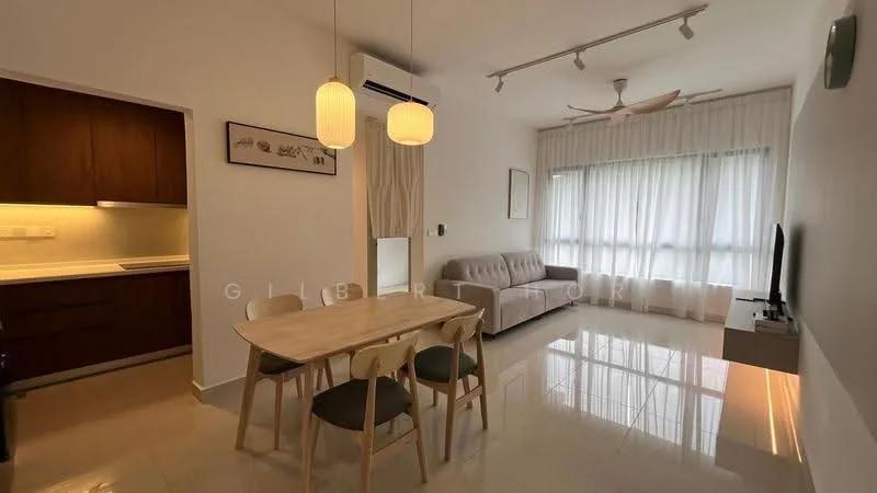 Living features: 3-seater fabric sofa in light grey, wooden dining table with 4 chairs, floor-to-ceiling windows with sheer curtains, recessed downlights, ceiling fan with light, TV console, wall-mounted TV, polished tile flooring, neutral painted walls, air conditioning unit; style: modern. Kitchen features: wood cabinetry, countertop with integrated sink, built-in oven, stainless-steel appliances, under-cabinet lighting; style: modern.