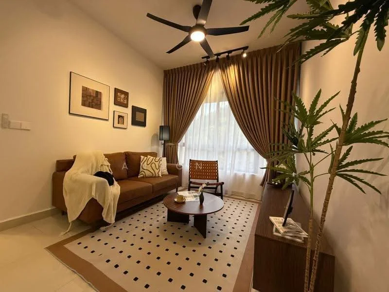 Living features: 3-seater brown fabric sofa, decorative throw blanket on sofa, round coffee table, area rug with geometric pattern, wooden side table, wall-mounted artwork, floor lamp, curtains with pleats, potted plant, ceiling fan with light, white painted walls, tile flooring; style: modern.