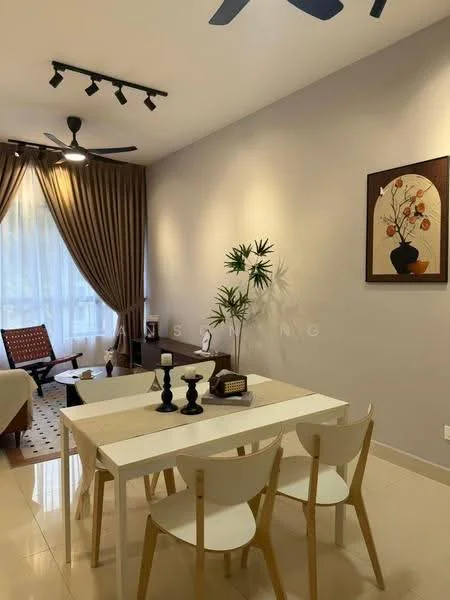 Dining features: white dining table, 4 wooden dining chairs, decorative wall art with floral design, curtains in brown, ceiling fan with light, track lighting, potted plant, cream painted walls, tile flooring, wooden coffee table, sofa in background; style: modern.